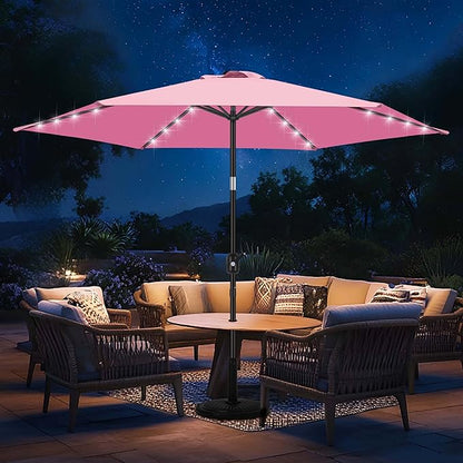 FRUITEAM Solar Lights Patio Umbrella, 7.5FT Heavy Duty Outdoor Umbrella with High-Strength Frame & LED Lights, All-Weather UV Protection Sun Shade for Poolside, Garden, Backyard (Pink)