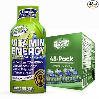 Vitamin Energy Focus+ Extra Strength Daily Energy Shot – Blue Raspberry – 260mg Natural Caffeine, 100% DV B-Vitamins – Focus & Productivity Support – Zero Sugar, Vegan, Kosher – 1.93 fl oz, 48-Pack