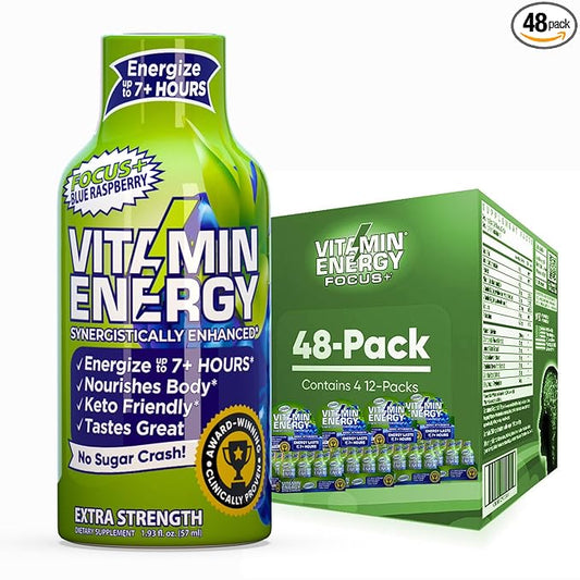 Vitamin Energy Focus+ Extra Strength Daily Energy Shot – Blue Raspberry – 260mg Natural Caffeine, 100% DV B-Vitamins – Focus & Productivity Support – Zero Sugar, Vegan, Kosher – 1.93 fl oz, 48-Pack