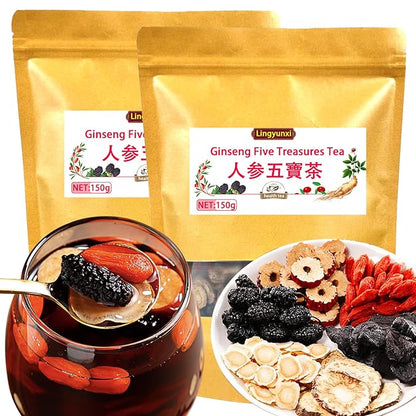 Lingyunxi Ginseng Five Treasures Kidney Tea 300g/10.6oz Ginseng Tea Wubao Traditional Chinese Herbal Formula for Natural Cleanse Women & Men (2Pack/30 Bags)