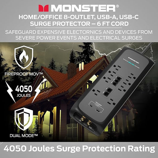 Monster Black Heavy Duty Surge Protector Power Strip 6 ft Cord with 8 120V-Outlet Extension, 2 Ethernet Switch Ports, 4050J Rating, 1 USB-A, and 1 USB-C Charging Ports – Ideal for Computers and Office