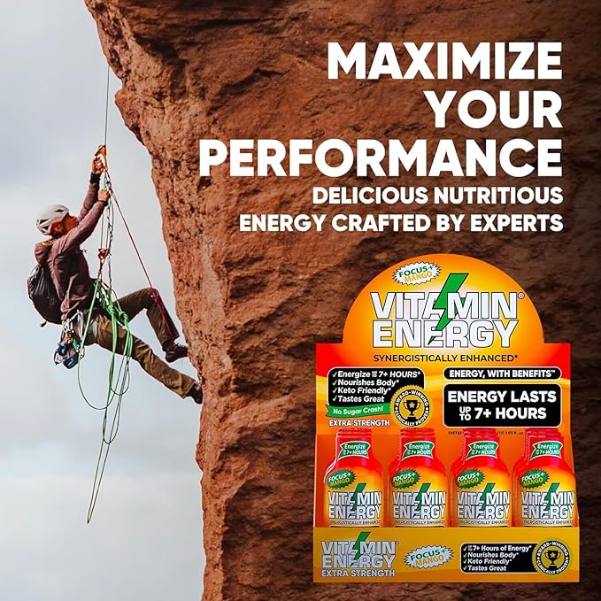 Vitamin Energy Focus+ Extra Strength Daily Energy Shot – Mango – 260mg Natural Caffeine, 100% DV B-Vitamins – Focus & Productivity Support – Zero Sugar, Vegan, Kosher – 1.93 fl oz, 24-Pack