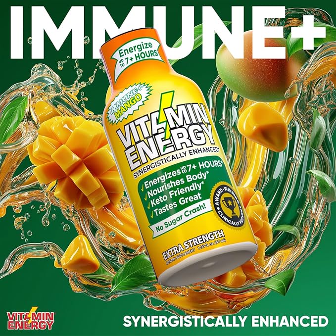 Vitamin Energy Immune+ Extra Strength Daily Energy Shot – Mango – 260mg Natural Caffeine, B-Vitamins, Green Tea, Citicoline – Immune & Focus Support – Zero Sugar, Vegan – 1.93 fl oz, 12-Pack