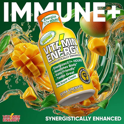 Vitamin Energy Immune+ Extra Strength Daily Energy Shot – Mango – 260mg Natural Caffeine, B-Vitamins, Green Tea, Citicoline – Immune & Focus Support – Zero Sugar, Vegan – 1.93 fl oz, 12-Pack