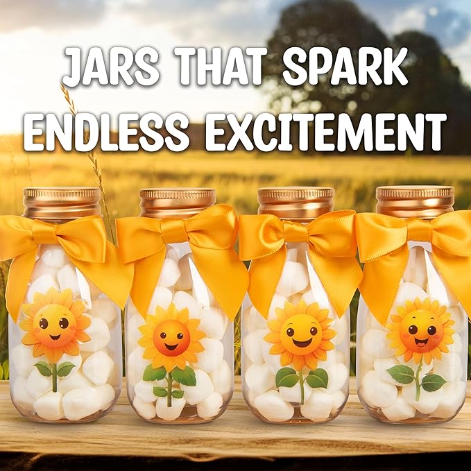 Small 12 Pack Sunflower Party Favors - DIY Candy Jars with Ribbons and Stickers - Party Decoration Bottles for Birthday, School Classroom, Baby Shower, Bridal Shower, and Wedding - Sun Flower