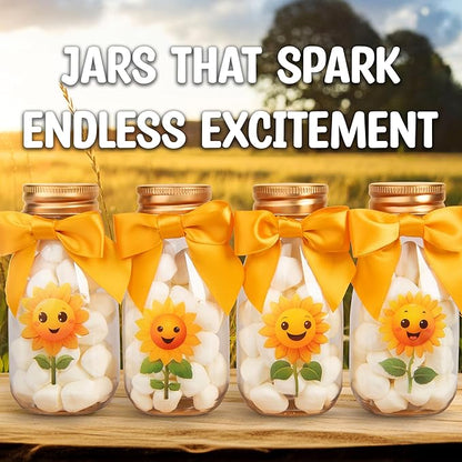 Small 12 Pack Sunflower Party Favors - DIY Candy Jars with Ribbons and Stickers - Party Decoration Bottles for Birthday, School Classroom, Baby Shower, Bridal Shower, and Wedding - Sun Flower