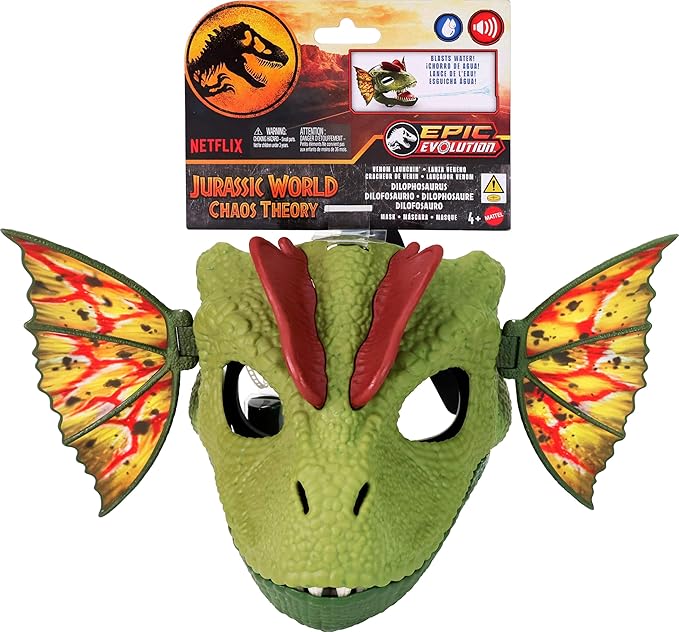 Mattel Jurassic World Role-Play Mask, Dilophosaurus with Venom Launching Water Feature, Sound & Adjustable Frill, Dinosaur Costume Headgear Toy