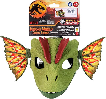 Mattel Jurassic World Role-Play Mask, Dilophosaurus with Venom Launching Water Feature, Sound & Adjustable Frill, Dinosaur Costume Headgear Toy