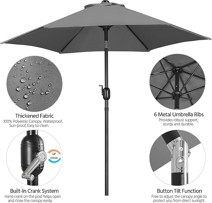 Yaheetech 7.5FT Patio Umbrella Outdoor Market Table Umbrella with 6 Sturdy Ribs, Push Button Tilt & Crank for Garden/Lawn/Deck/Backyard/Pool/Beach, Gray