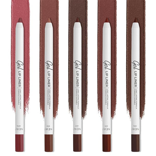 Matte Gel Lip Liner Pencil 5 Pcs Set - Creamy, Sharpenable, Longwear, Waterproof Lip Combo - Intense Brown 414, Berry 404, Chilli 413, Mauve 410 and Spicy Nude 412