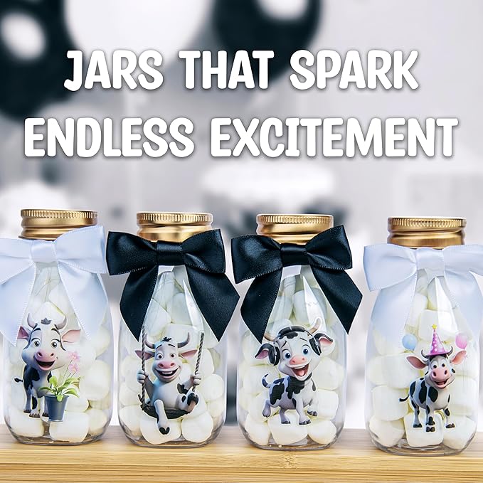 Small 12 Pack Cow Party Favors - DIY Candy Jars with Ribbons and Stickers - Party Decoration Bottles for Birthday, Baby Shower and School Classroom - Holy Cow Print Table Centerpiece for Kids