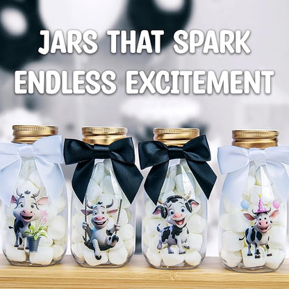 Small 12 Pack Cow Party Favors - DIY Candy Jars with Ribbons and Stickers - Party Decoration Bottles for Birthday, Baby Shower and School Classroom - Holy Cow Print Table Centerpiece for Kids