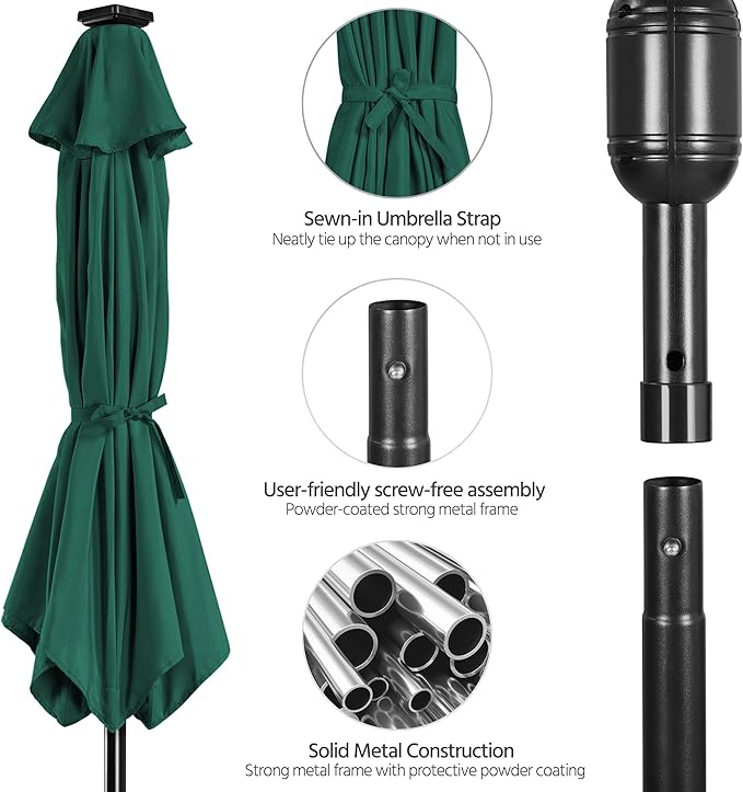 Yaheetech 10FT LED Lighted Patio Umbrella, Outdoor Solar Table Umbrella with 8 Ribs/Tilt Adjustment and Crank Lift System for Garden/Deck/Pool, Dark Green