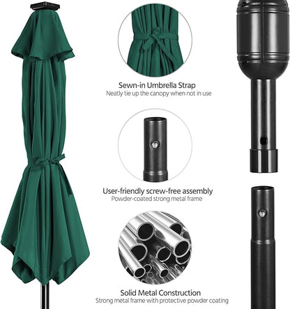 Yaheetech 10FT LED Lighted Patio Umbrella, Outdoor Solar Table Umbrella with 8 Ribs/Tilt Adjustment and Crank Lift System for Garden/Deck/Pool, Dark Green
