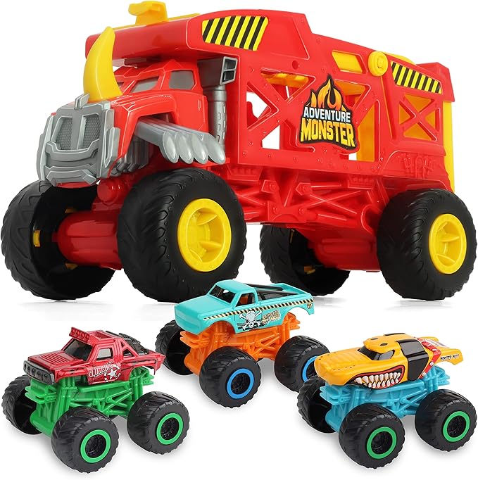 4-in-1 Mounster Truck Transport Carrier Playset, Red Mover Rhino Toy Cars Hauler Set for Children, Including 3 Diecast Monster Trucks, Ideal Gift for Kids 3+