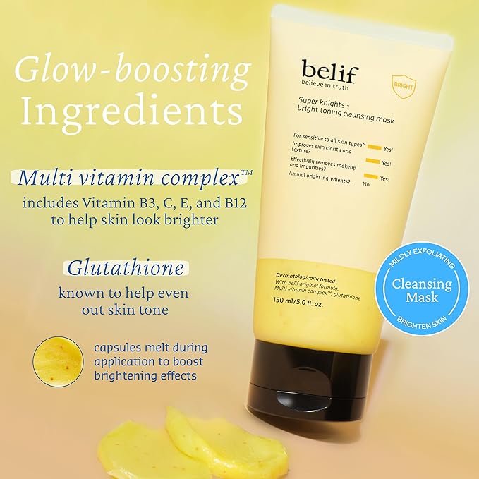 belif Super Knights Glow Radiance Cleansing Mask, Korean Skincare with Multi-Vitamin Complex & Glutathione – Radiance & Even Skin Tone (150 ml / 5.0 fl. oz.)