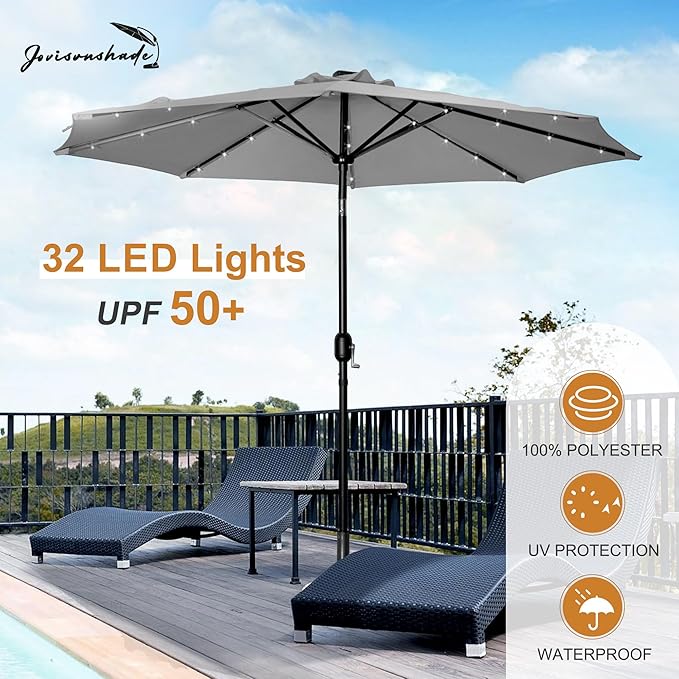 9FT LED Patio Umbrella, Solar Outdoor Umbrellas with LED Lights, Deck Umbrella with Push Button Tilt and Crank, UV Protection Waterproof for Pool, Porch, Garden, Deck, Backyard. (Gay)