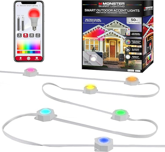 Monster Smart Permanent Outdoor Lights, 50ft, 36 LED Eaves Lights, RGB+IC+WW, Weather & Water Resistant, App & Voice Control, Compatible with Alexa and Google, for Halloween, Christmas & Year-Round