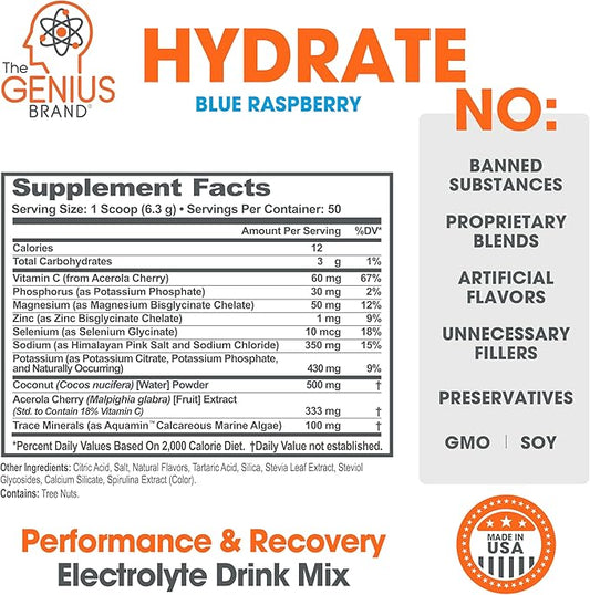 Genius Hydrate Stick Pack Powder Drink Mix – Blue Raspberry Flavor, Natural Electrolyte Booster with Coconut Water & Potassium for Ultimate Hydration -20 Packets