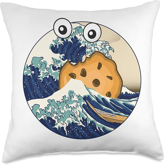 Funy Kanagawa Great Wave Monster eating cookie parody Throw Pillow