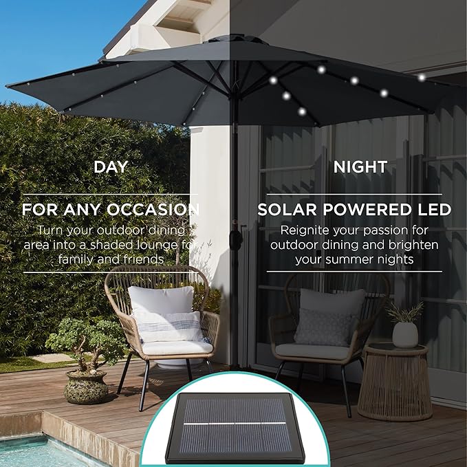 Best Choice Products 10ft Solar Polyester LED Lighted Patio Umbrella w/Tilt Adjustment and UV-Resistant Fabric - Slate