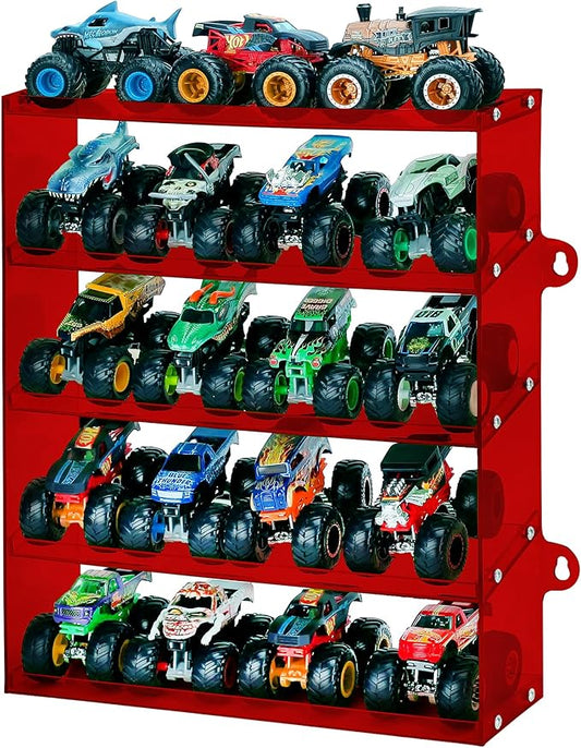 Assembly Monster Trucks Display Case Holding for 20 Monster Trucks Acrylic Storage Case 5 Tiers Monster Trucks Organizer with Tilted Design, Display Case for Toy Trucks (Red)