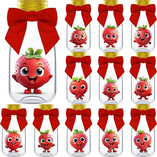 Small 12 Pack Strawberry Party Favors - DIY Candy Jars with Ribbons and Sticker - Party Decoration Bottles for Berry First Birthday, School Classroom, and Baby Shower - Kids Table Centerpiece Gifts