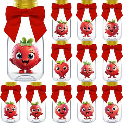 Small 12 Pack Strawberry Party Favors - DIY Candy Jars with Ribbons and Sticker - Party Decoration Bottles for Berry First Birthday, School Classroom, and Baby Shower - Kids Table Centerpiece Gifts