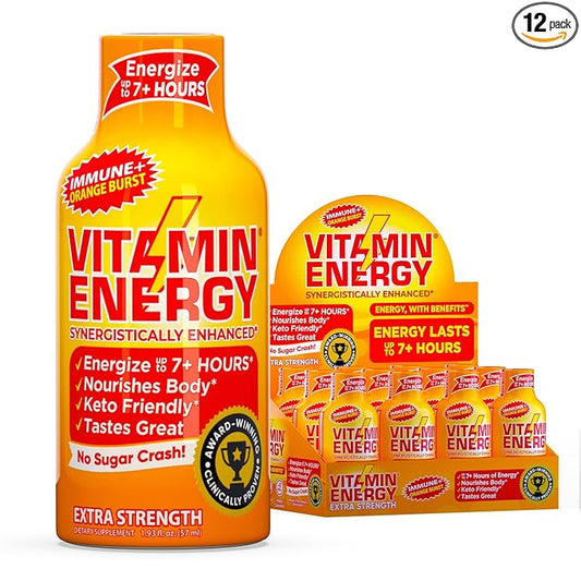 Vitamin Energy Immune+ Extra Strength Daily Energy Shot – Orange Burst – 260mg Natural Caffeine, B-Vitamins, Green Tea, Citicoline – Immune & Focus Support – Zero Sugar, Vegan – 1.93 fl oz, 12-Pack