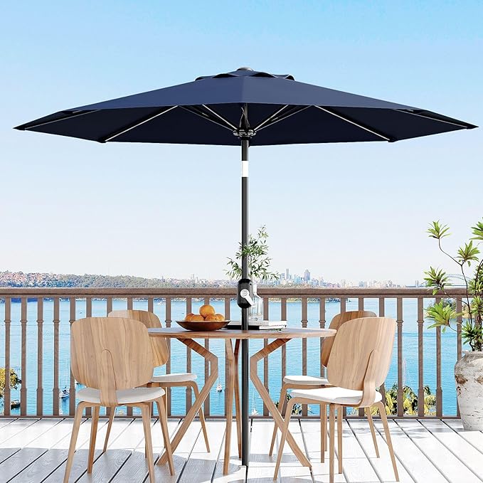 9Ft Patio Umbrella - 8 Sturdy Ribs Outdoor Table Umbrella with Crank Lift & Push Button Tilt - Market Umbrella for Pool, Deck, Yard, Garden - Navy Blue