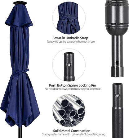 Yaheetech 7.5FT Solar Powered Patio Umbrella - UV Protection Market Table Umbrella w/18 LED Lights & Push Button Tilt & Crank Lift System for Garden/Lawn/Deck/Backyard/Pool, Navy Blue