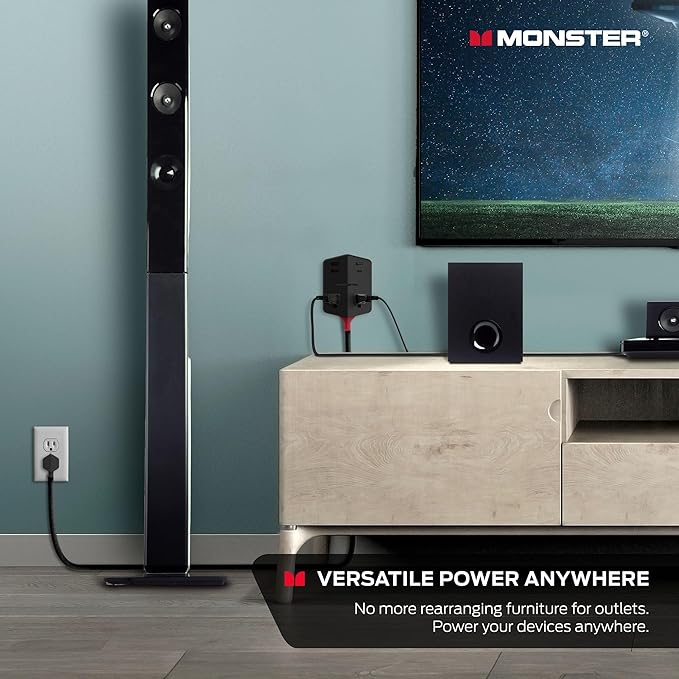 Monster Power Shield: Magnetic Wall Outlet Extender, Multiple Plug Outlet with 2 AC Outlets, 3 USB-A Ports, & 1 USB-C Port (20W)