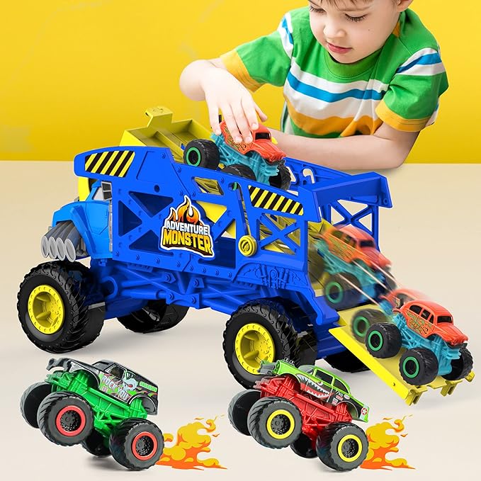 Monster Trucks Hauler Rhino with 3 Mini Trucks & Super Ramp Launch, Gift for Kids Ages 3+ Years