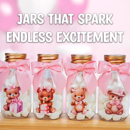 Small 12 Pack We Can Bearly Wait Party Favors for Girl - Candy Jars with Ribbon and Stickers - DIY Party Decoration Bottles for Baby Shower and Gender Reveal - Pink Teddy Bear Table Centerpiece