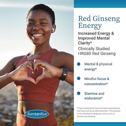 Euromedica Red Ginseng Energy - Supplement to Support Healthy Energy & Focus - Herbal Supplement with Korean Red Ginseng Root Powder - Vegan Tablets to Aid Healthy Endurance - 30 Capsules