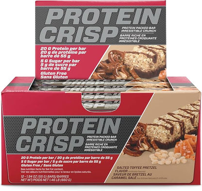 BSN Protein Crisp Bar, Protein Snack Bars, Crunch Bars with Whey Protein and Fiber, Gluten Free, Salted Toffee Pretzel, 12 Count (Packaging May Vary)