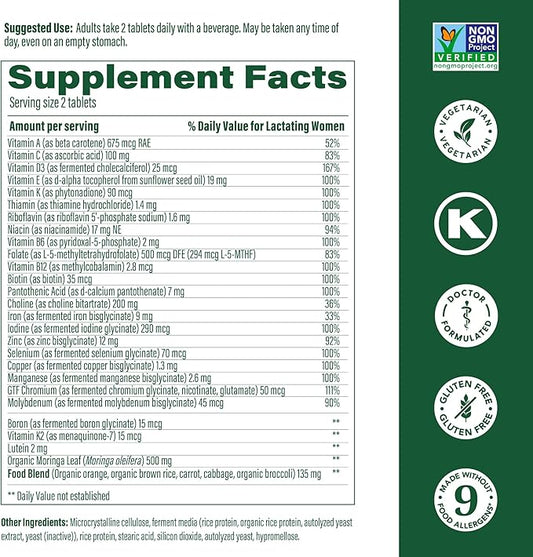 MegaFood Baby & Me 2 Postnatal Vitamins for Breastfeeding Moms with Folate (Folic Acid Natural Form), Choline, Iodine, Vitamin D, Moringa Leaf and More - 120 Tabs (60 Servings)