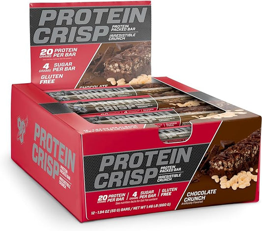 BSN Protein Crisp Bar, Protein Snack Bars, Crunch Bars with Whey Protein and Fiber, Gluten Free, Chocolate Crunch, 12 Count (Packaging May Vary)