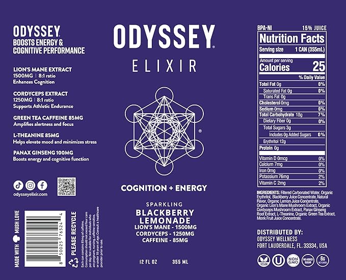 Odyssey Elixir Cognition + Sustainable Energy - Lion's Mane, Cordyceps, L Theanine, Ginseng & 85mg Green Tea Caffeine - 0 Added Sugar - No Jitters or Crash - Blackberry Lemonade - 12 Fl oz, 12 Pack