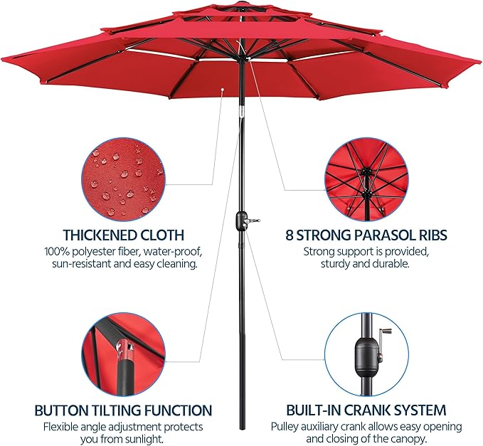 Yaheetech 3 Tier Patio Umbrella 10ft Vented Outdoor Large Market Table Umbrella with 8 Sturdy Ribs and 1.5" Umbrellla Pole, Double-layer Cloth & Push-button Tilting & Crank for Pool/Garden/Lawn Red
