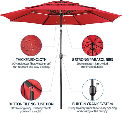 Yaheetech 3 Tier Patio Umbrella 10ft Vented Outdoor Large Market Table Umbrella with 8 Sturdy Ribs and 1.5" Umbrellla Pole, Double-layer Cloth & Push-button Tilting & Crank for Pool/Garden/Lawn Red