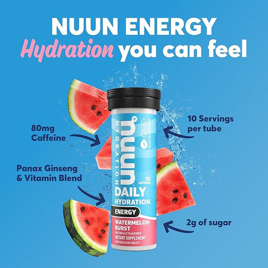 Nuun Energy Electrolyte Tablets with Ginseng, Caffeine from Green Tea Extract, Vitamin B12, B6, B5, Magnesium & 4 Other Electrolytes, Gluten Free & Vegan, Watermelon Burst, 8 Pack (80 Servings Total)