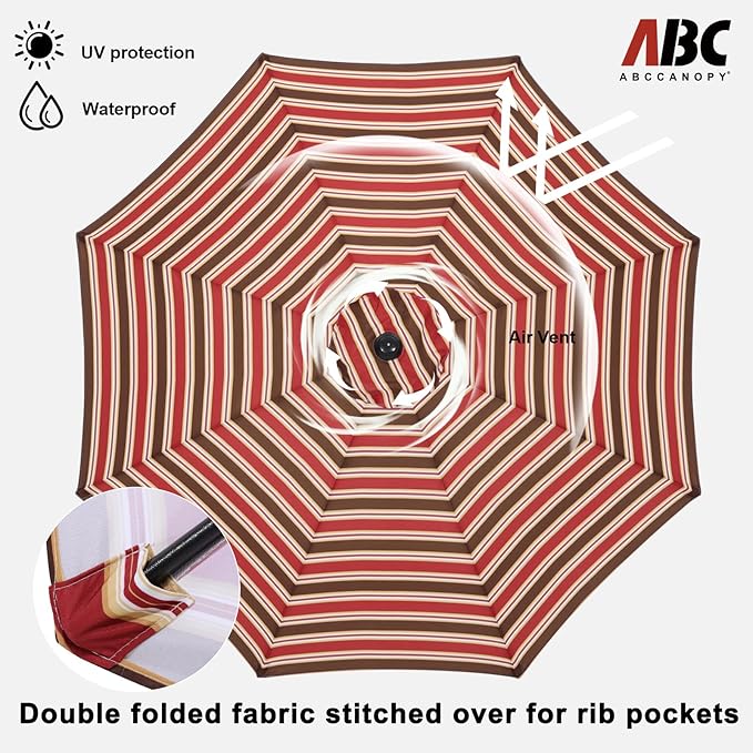 ABCCANOPY 9FT Patio Umbrella - Outdoor Waterproof Table Umbrella with Push Button Tilt and Crank, 8 Ribs UV Protection Pool Umbrella for Garden, Lawn, Deck & Backyard (Red Stripe)