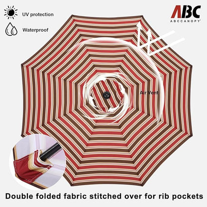 ABCCANOPY 9FT Patio Umbrella - Outdoor Waterproof Table Umbrella with Push Button Tilt and Crank, 8 Ribs UV Protection Pool Umbrella for Garden, Lawn, Deck & Backyard (Red Stripe)