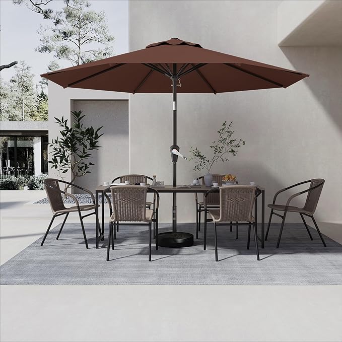 9 FT Patio Umbrella for Outdoor, Outdoor Umbrella with Push Button Tilt and Crank, Outdoor Patio Umbrellas with 8 Sturdy Ribs for Market, Garden, Deck, Backyard, Pool (Brown)