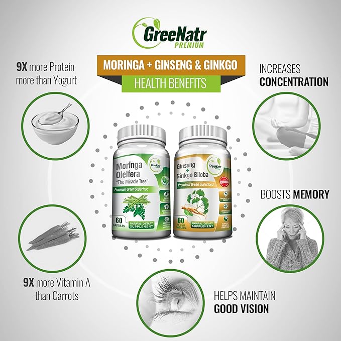 Ginkgo Biloba, Panax Ginseng Supplement and Moringa Capsules Bundle - Ginkgo Biloba Supplements for Immune Support and Energy Boost - Moringa Supplement for Concentration and Good Memory
