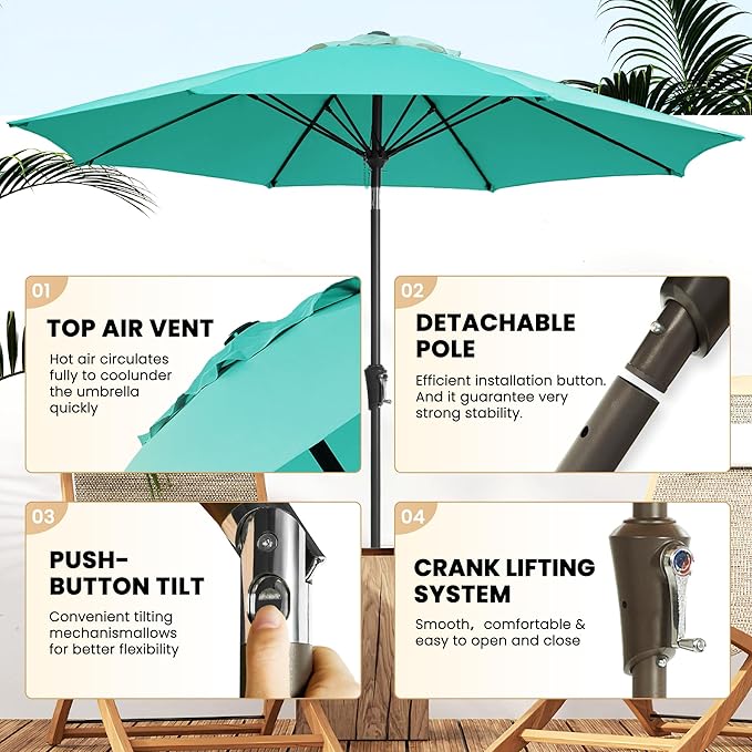 Ayge 9FT Large Outdoor Patio Umbrella Market Table Umbrella-UV Resistant, Easy Push Button Tilt and Crank, 8 Sturdy Fiberglass Ribs Heavy-Duty Pool Umbrella for Deck, Backyard,Garden