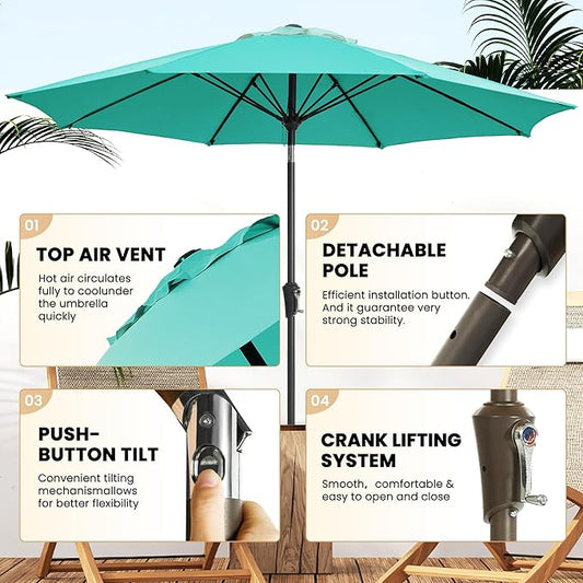 Ayge 9FT Large Outdoor Patio Umbrella Market Table Umbrella-UV Resistant, Easy Push Button Tilt and Crank, 8 Sturdy Fiberglass Ribs Heavy-Duty Pool Umbrella for Deck, Backyard,Garden