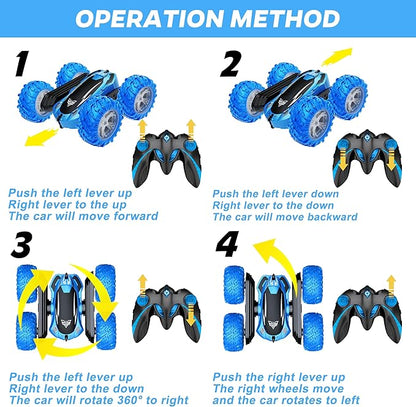 KKONES Remote Control Car, 2.4GHz Double Sided 360° Flips Rotating Electric Race RC Stunt Car, LED Wheel & Headlight High Speed Off Road Cars Toy Gift for 3 4 5 6 7 8-12 Year Old Boy Toys (Blue)