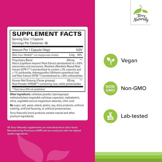 Terry Naturally HRG80 Red Ginseng Female Sexual Enhancement - Dietary Supplement for Circulation, Endurance & Energy Support - Vitality Support with Ashwagandha, Red Ginseng & Zinc - 48 Capsules